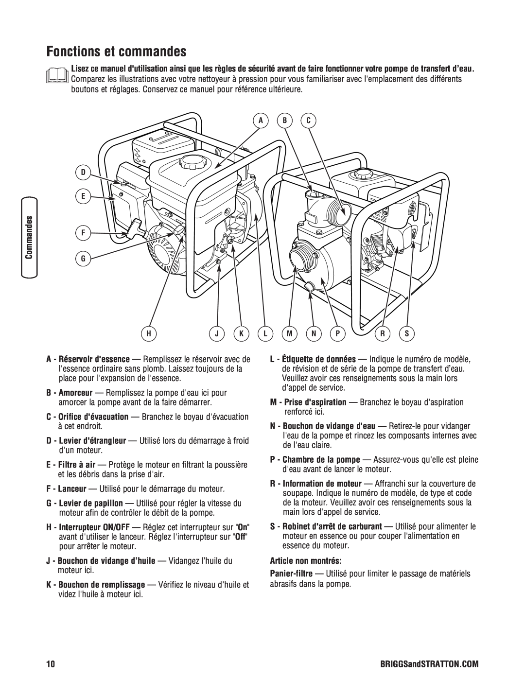 Briggs & Stratton Water Transfer Pump manual Fonctions et commandes, Article non montrés 