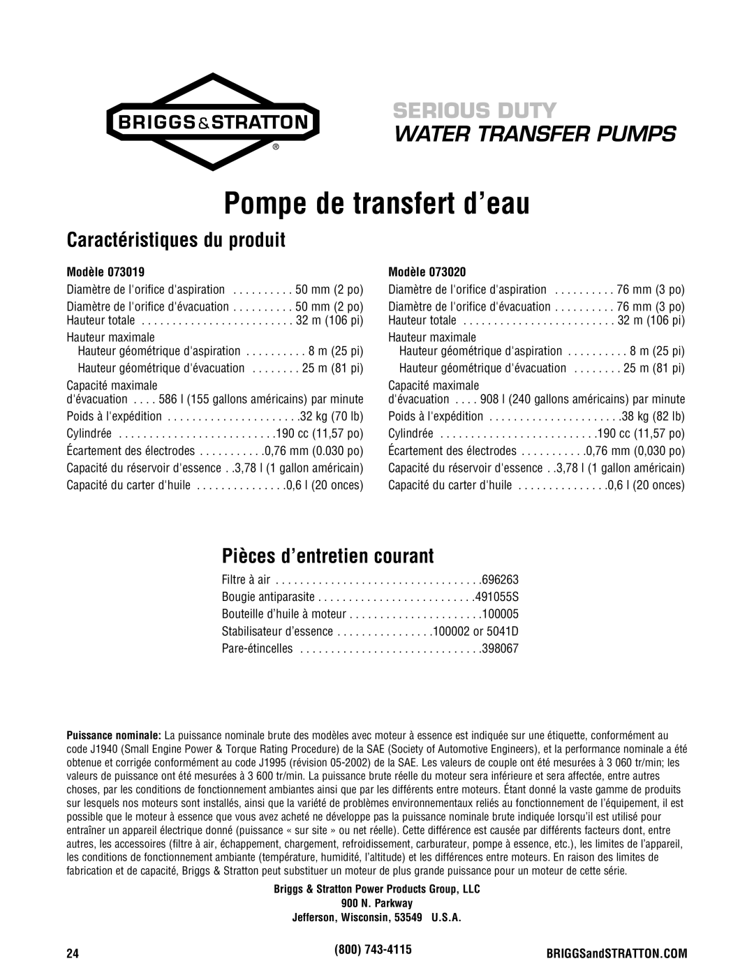 Briggs & Stratton Water Transfer Pump manual Caractéristiques du produit, Pièces d’entretien courant, Modèle 