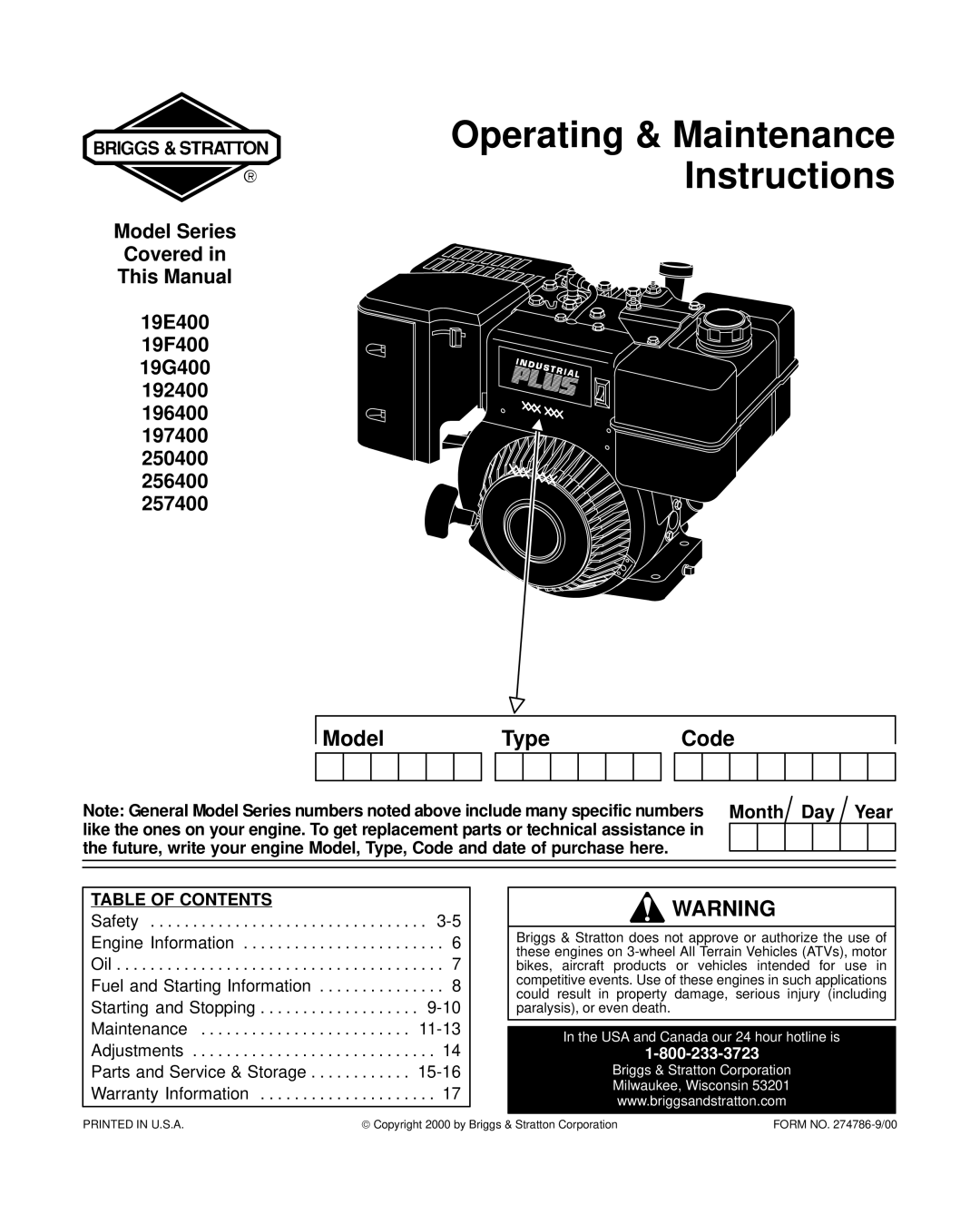 Briggs & Stratton 19E400 19F400 19G400 192400 196400 197400 250400 256400 257400 warranty Table of Contents 