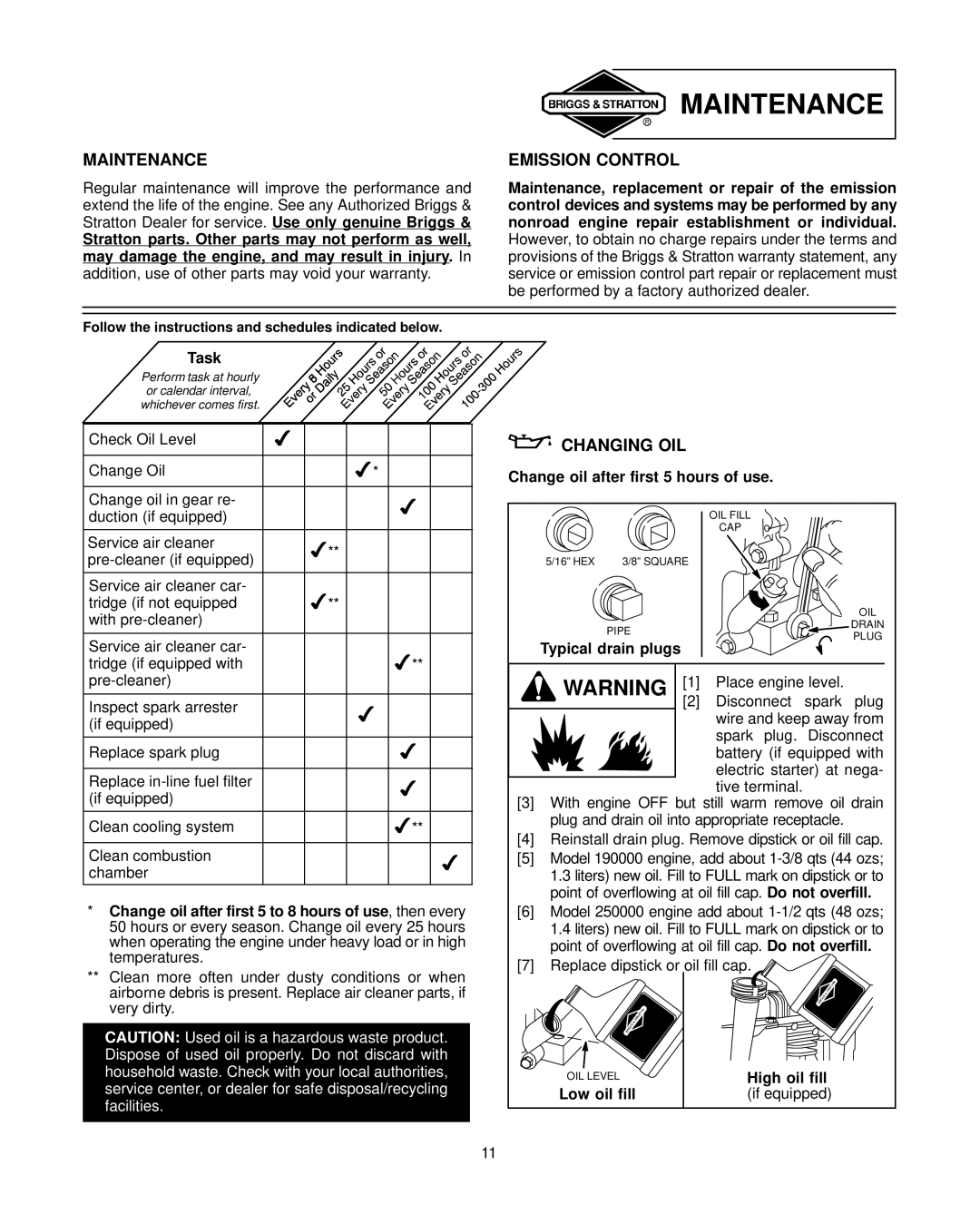 Briggs & Stratton 19E400 19F400 19G400 192400 196400 197400 250400 256400 257400 warranty Maintenance, Emission Control 