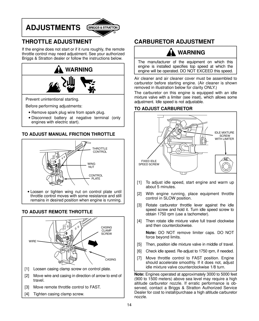 Briggs & Stratton 19E400 19F400 19G400 192400 196400 197400 250400 256400 257400 warranty Adjustments, Throttle Adjustment 