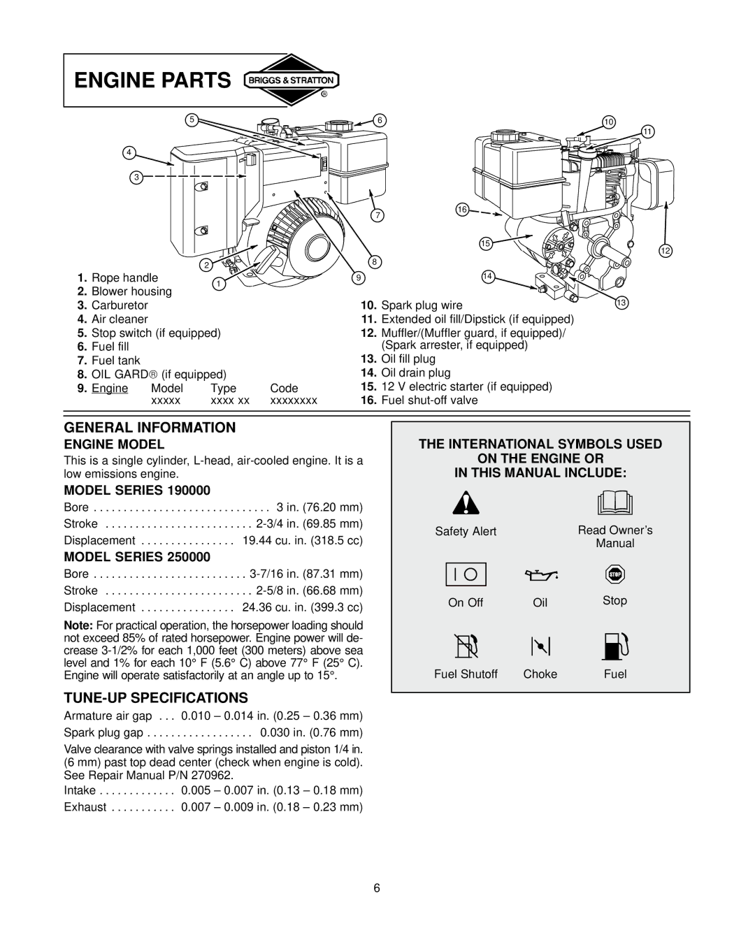 Briggs & Stratton 19E400 19F400 19G400 192400 196400 197400 250400 256400 257400 Engine Parts, Engine Model, Model Series 