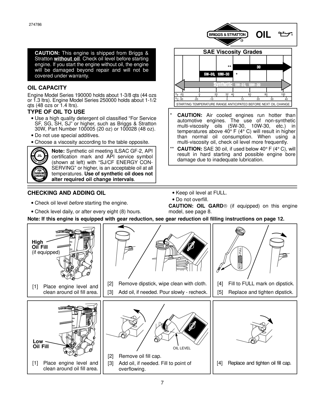 Briggs & Stratton 19E400 19F400 19G400 192400 196400 197400 250400 256400 257400 Oil, OIL Capacity, Type of OIL to USE 