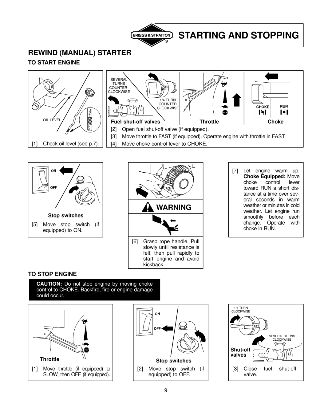 Briggs & Stratton 19E400 19F400 19G400 192400 196400 197400 250400 256400 257400 Starting and Stopping, To Start Engine 