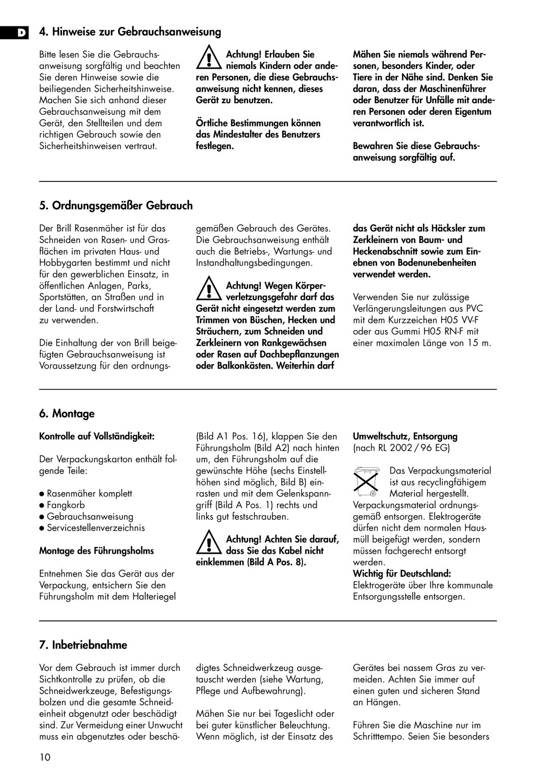 Brill 33 EF manual Hinweise zur Gebrauchsanweisung, Ordnungsgemäßer Gebrauch, Montage, Inbetriebnahme 