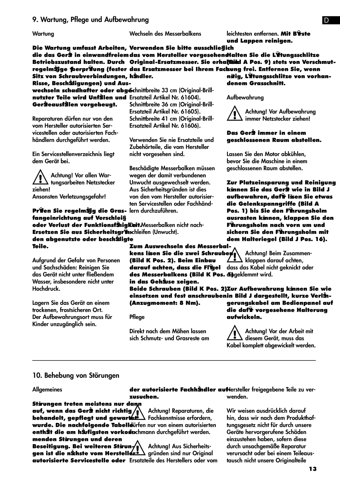 Brill 33 EF manual Wartung, Pflege und Aufbewahrung, Behebung von Störungen 