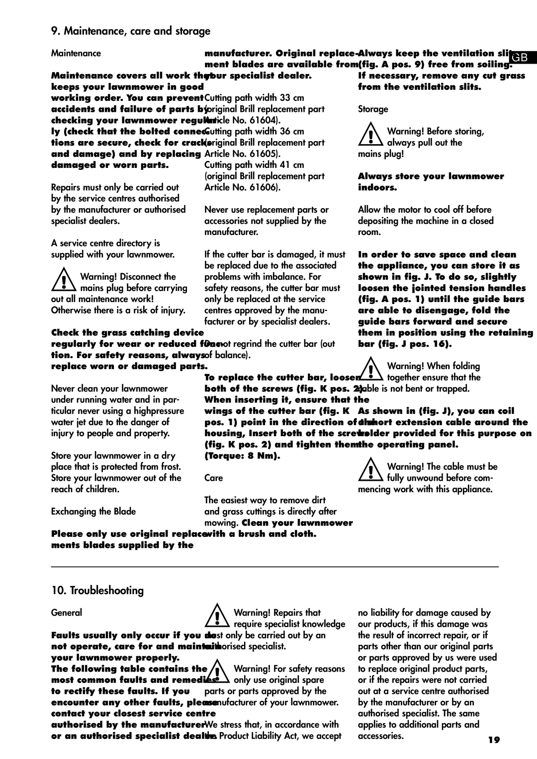 Brill 33 EF manual Maintenance, care and storage, Troubleshooting 