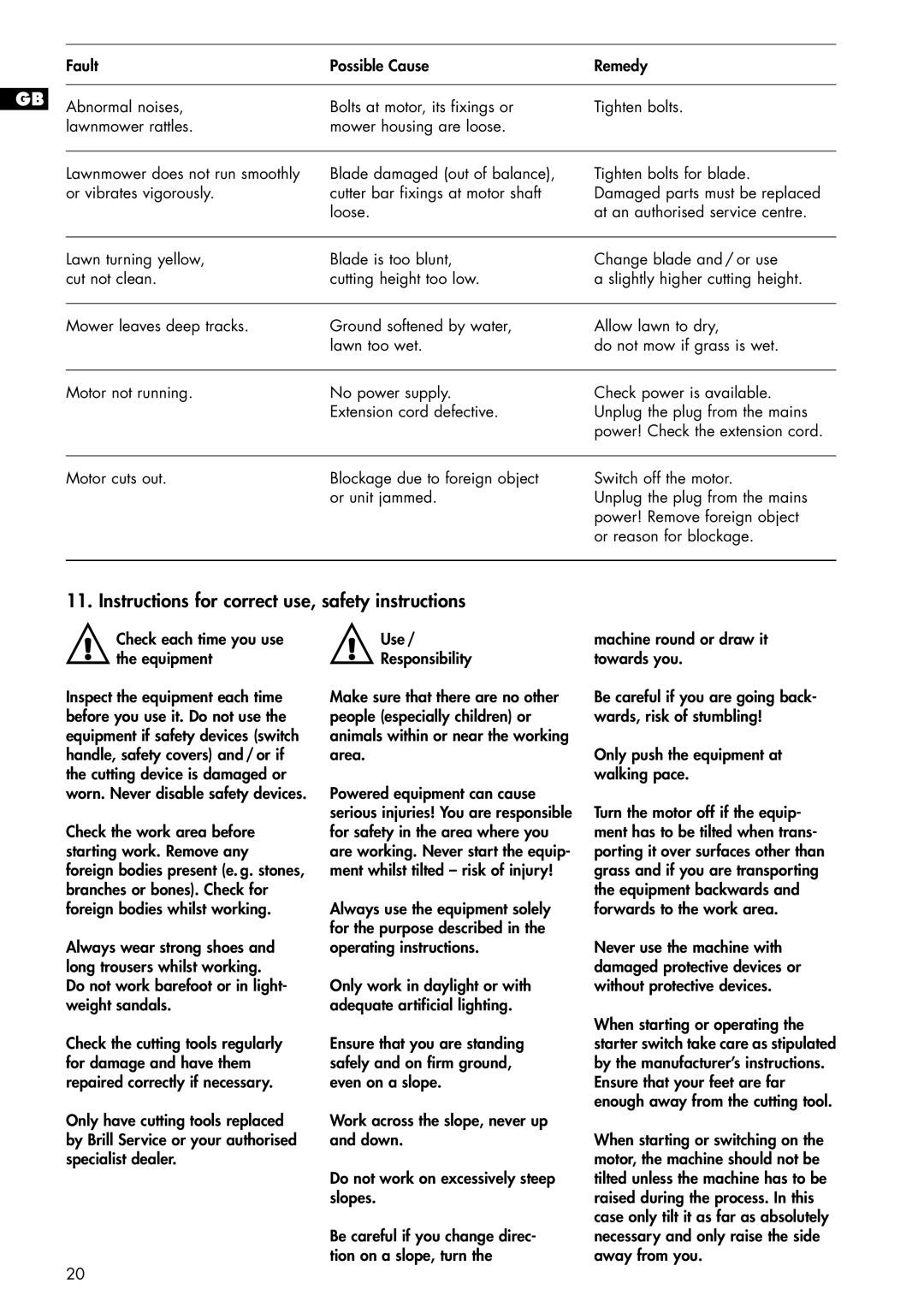 Brill 33 EF manual Instructions for correct use, safety instructions 