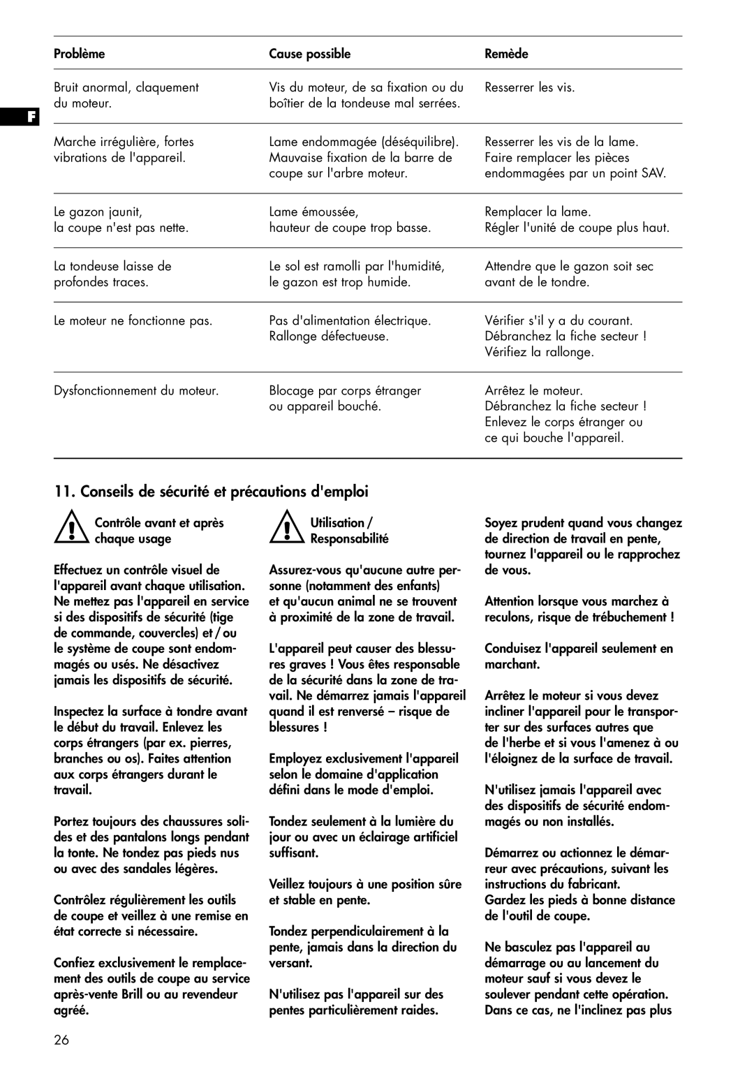 Brill 33 EF manual Conseils de sécurité et précautions demploi 