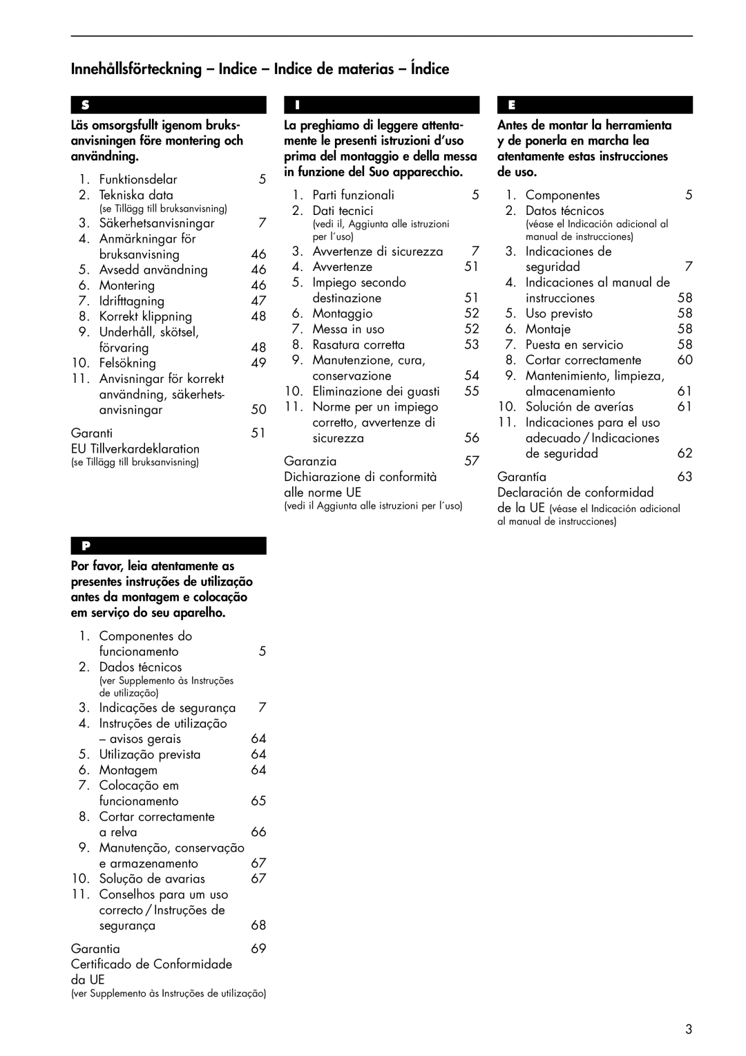 Brill 33 EF manual Innehållsförteckning Indice Indice de materias Índice 