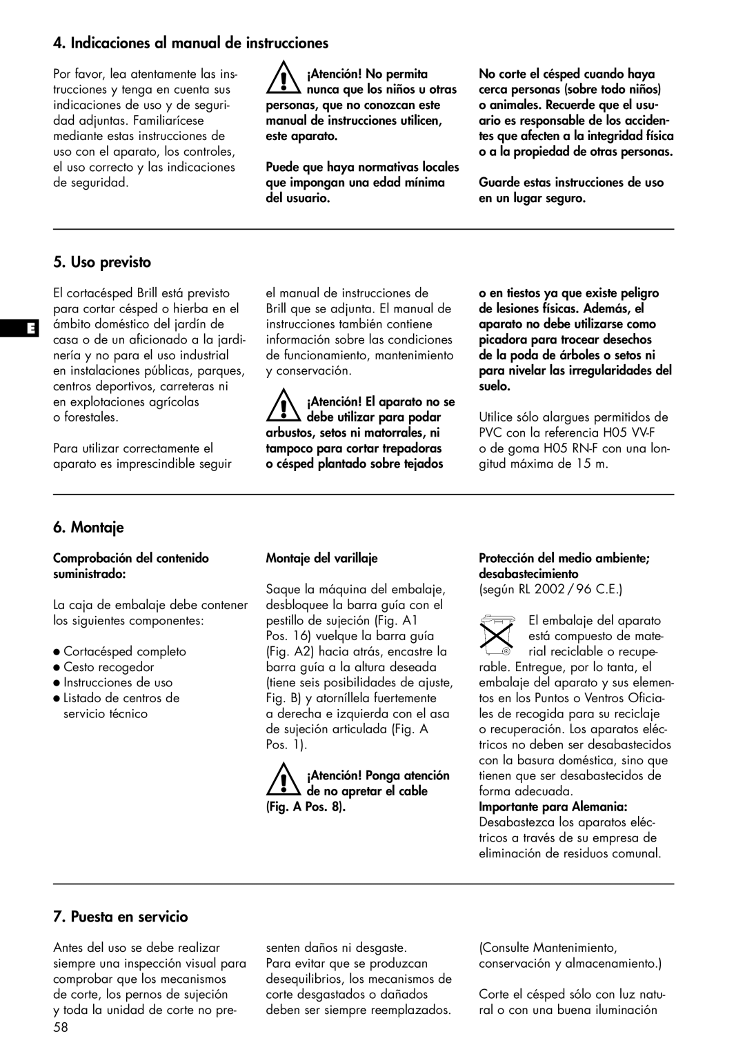 Brill 33 EF Indicaciones al manual de instrucciones, Uso previsto, Montaje, Puesta en servicio 