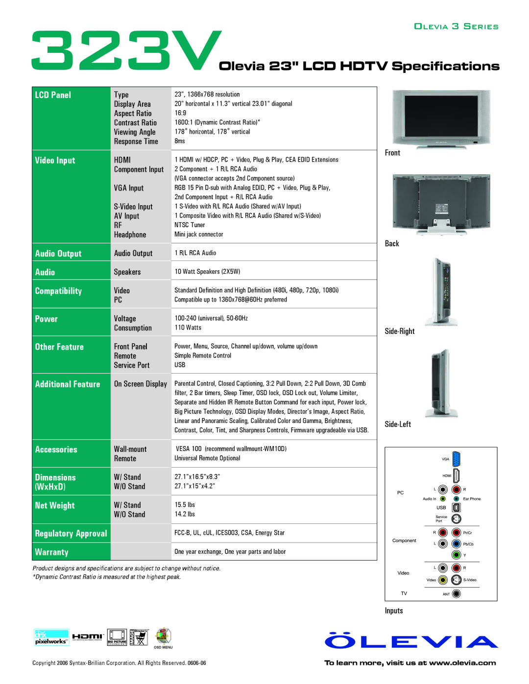 Brilliant Label 323V LCD Panel, Video Input, Audio Output, Compatibility, Power, Other Feature, Accessories, Dimensions 