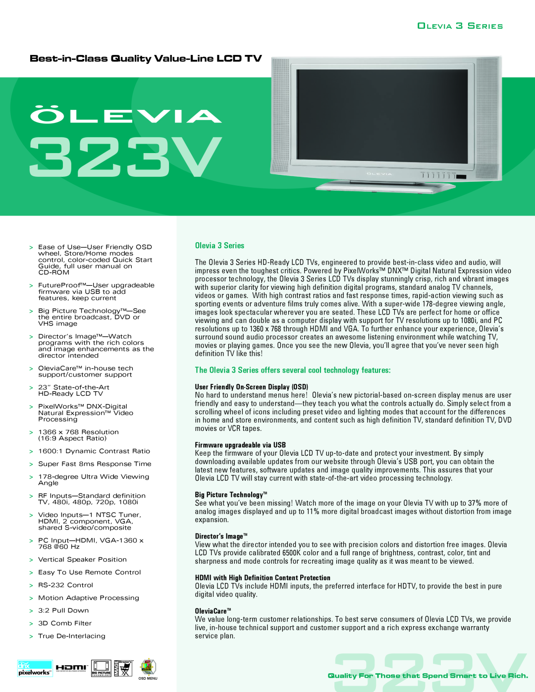Brilliant Label 323V quick start Best-in-Class Quality Value-Line LCD TV, Olevia 3 Series, Firmware upgradeable via USB 