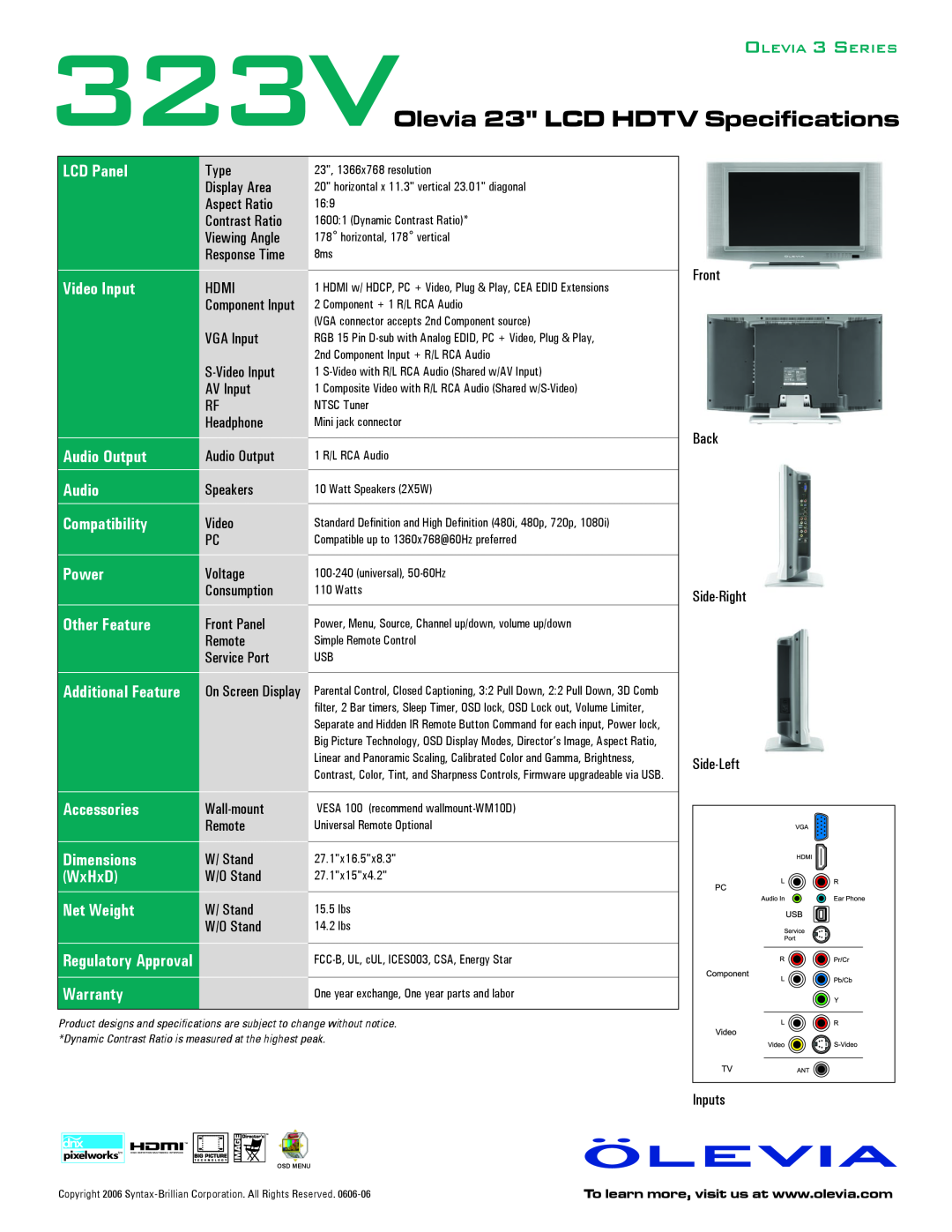 Brilliant Label 323V quick start Olevia 23 LCD HDTV Specifications 