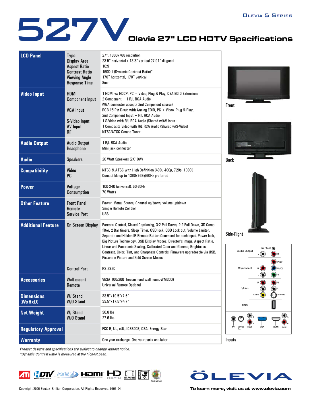 Brilliant Label 527V LCD Panel, Video Input, Audio Output, Compatibility, Power, Other Feature, Accessories, Dimensions 