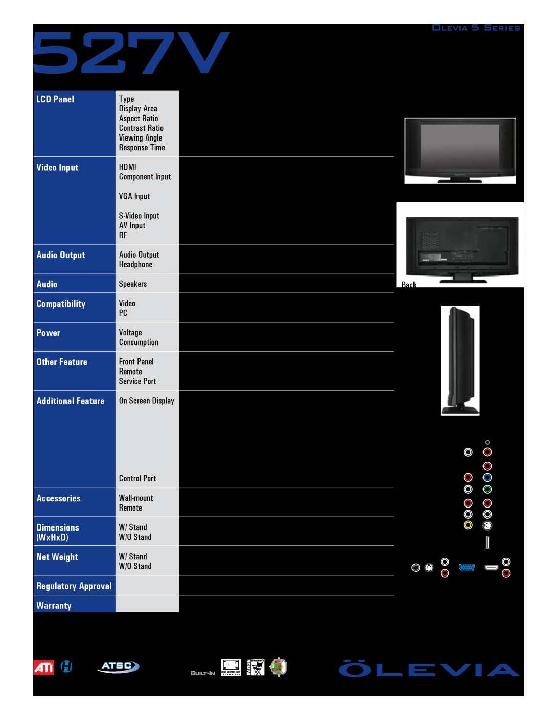 Brilliant Label 527V quick start Olevia 27 LCD HDTV Specifications 