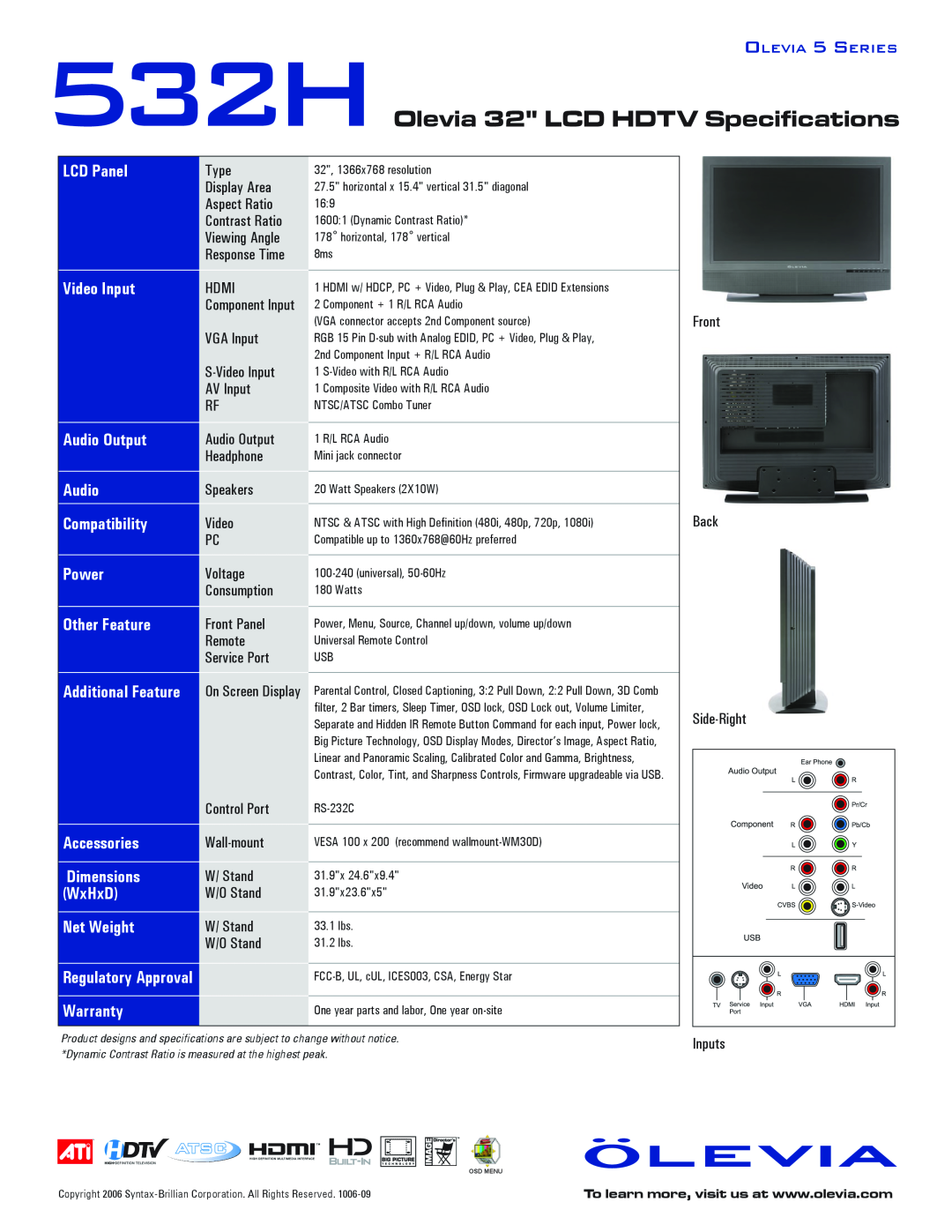 Brilliant Label 532H quick start Olevia 32 LCD HDTV Specifications 
