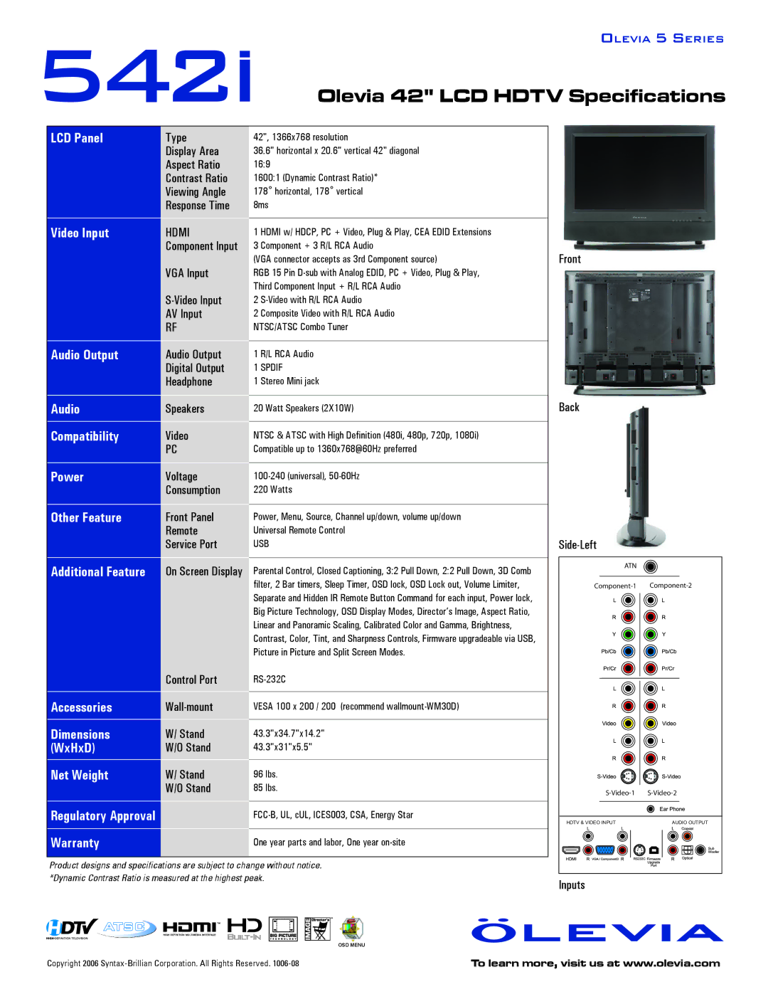 Brilliant Label 542i LCD Panel, Video Input, Audio Output, Compatibility, Power, Other Feature, Accessories, Dimensions 