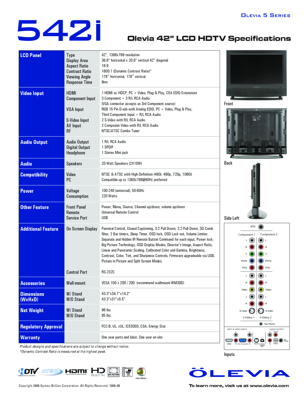 Brilliant Label 542i quick start 542I, Olevia 42 LCD HDTV Specifications 