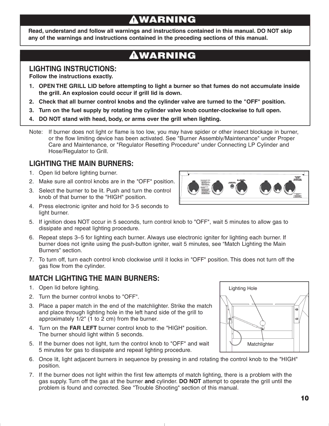 Brinkmann 1575 owner manual Lighting Instructions, Match Lighting the Main Burners 