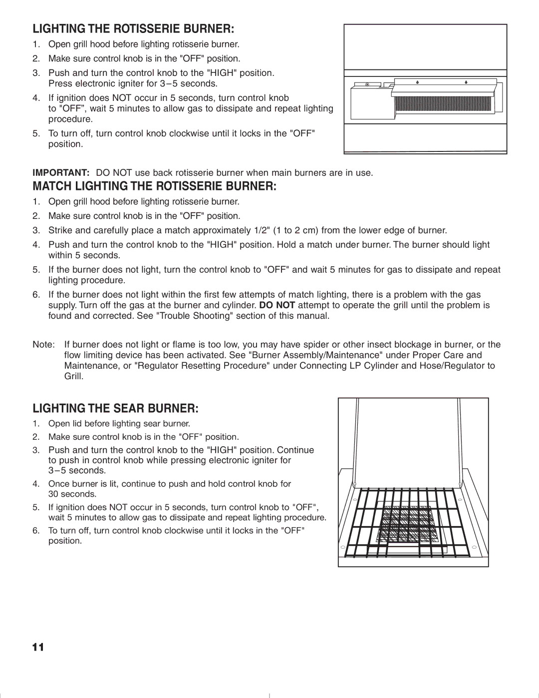 Brinkmann 1575 owner manual Match Lighting the Rotisserie Burner, Lighting the Sear Burner 