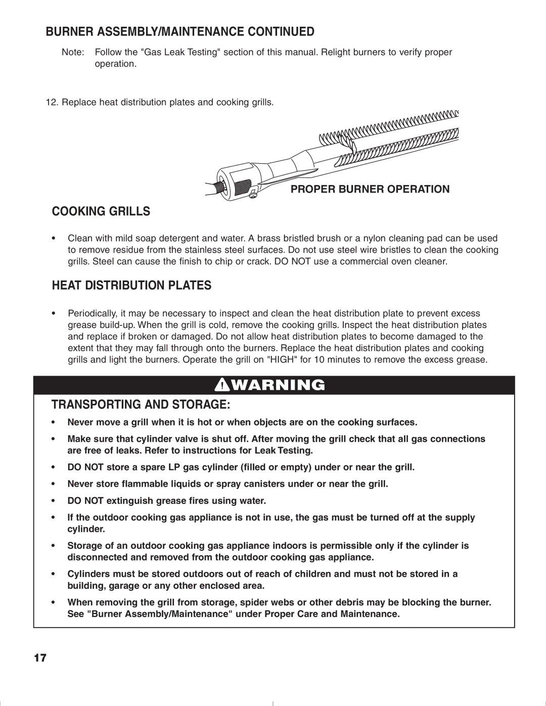 Brinkmann 1575 owner manual Cooking Grills, Heat Distribution Plates, Transporting and Storage 