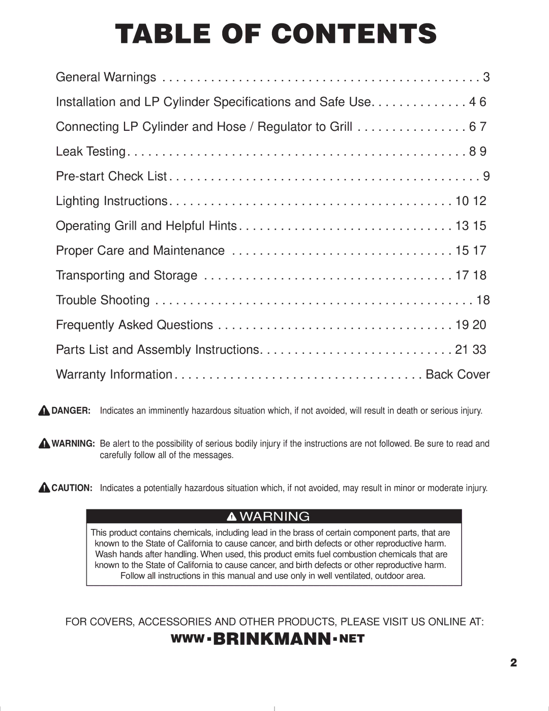 Brinkmann 1575 owner manual Table of Contents 