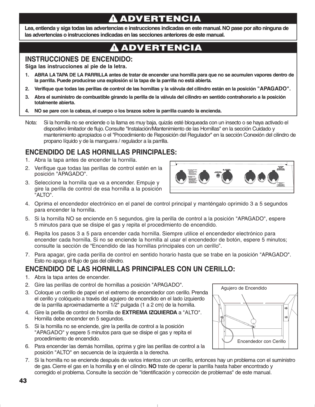 Brinkmann 1575 owner manual Instrucciones DE Encendido, Encendido DE LAS Hornillas Principales 