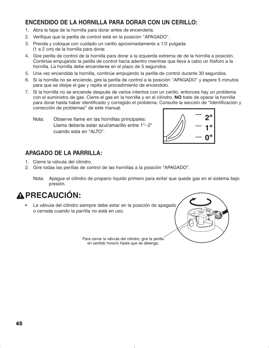 Brinkmann 1575 owner manual Encendido DE LA Hornilla Para Dorar CON UN Cerillo, Apagado DE LA Parrilla 