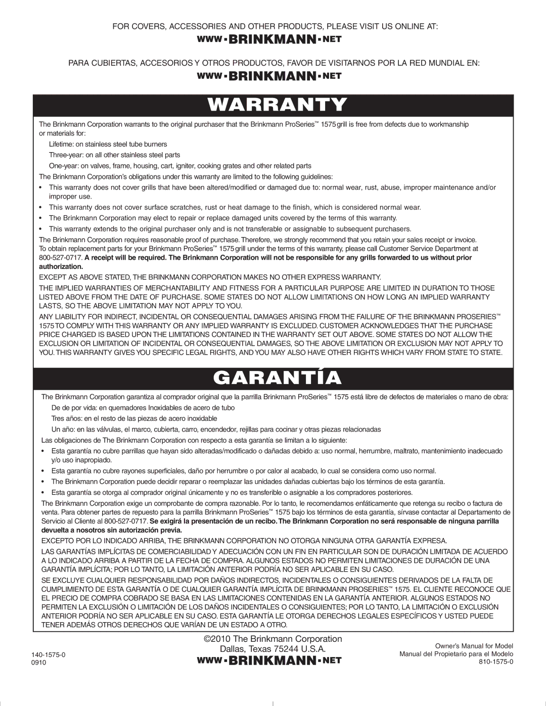 Brinkmann 1575 owner manual Warranty 