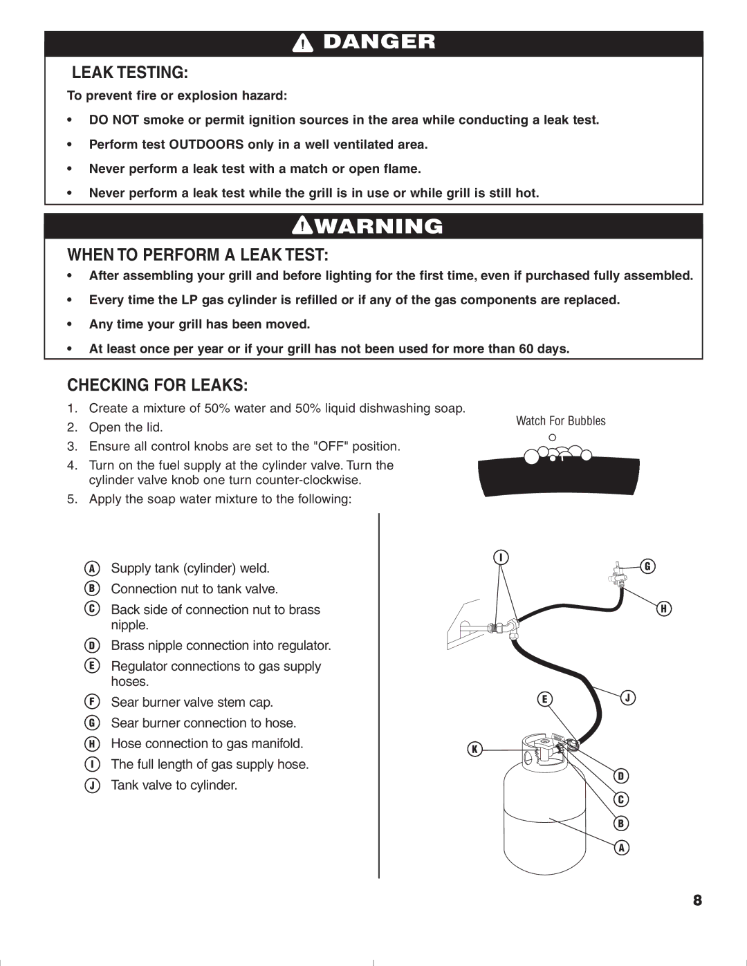 Brinkmann 1575 owner manual Leak Testing, When to Perform a Leak Test, Checking for Leaks 