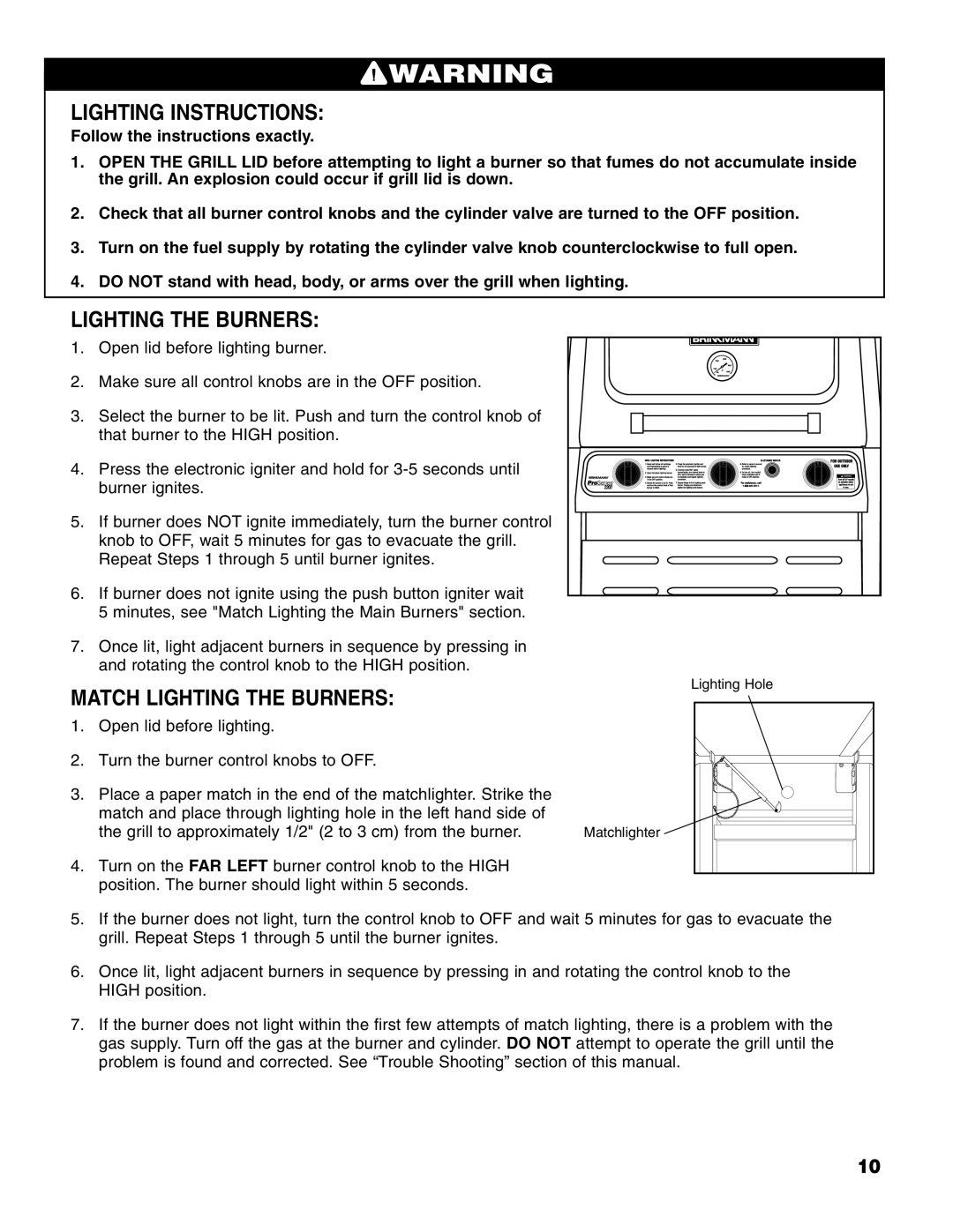 Brinkmann 2200 owner manual Lighting Instructions, Match Lighting the Burners 