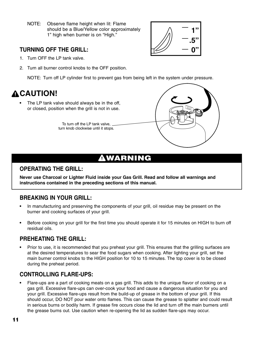 Brinkmann 2200 owner manual Turning OFF the Grill, Operating the Grill, Breaking in Your Grill, Preheating the Grill 