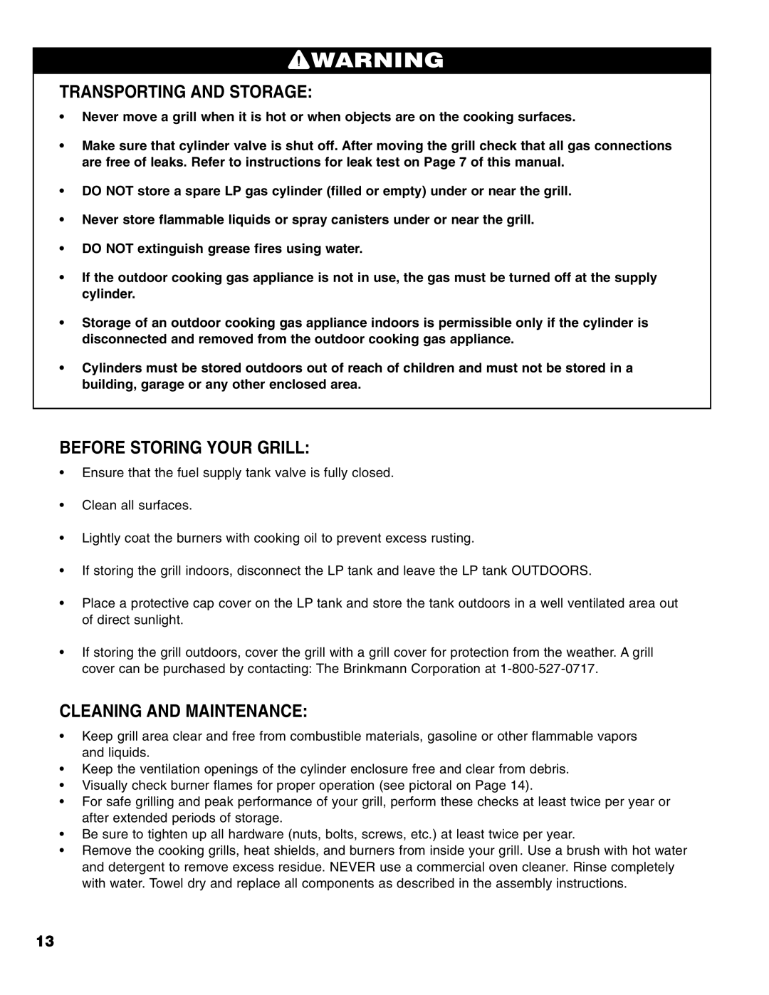 Brinkmann 2200 owner manual Transporting and Storage, Before Storing Your Grill, Cleaning and Maintenance 