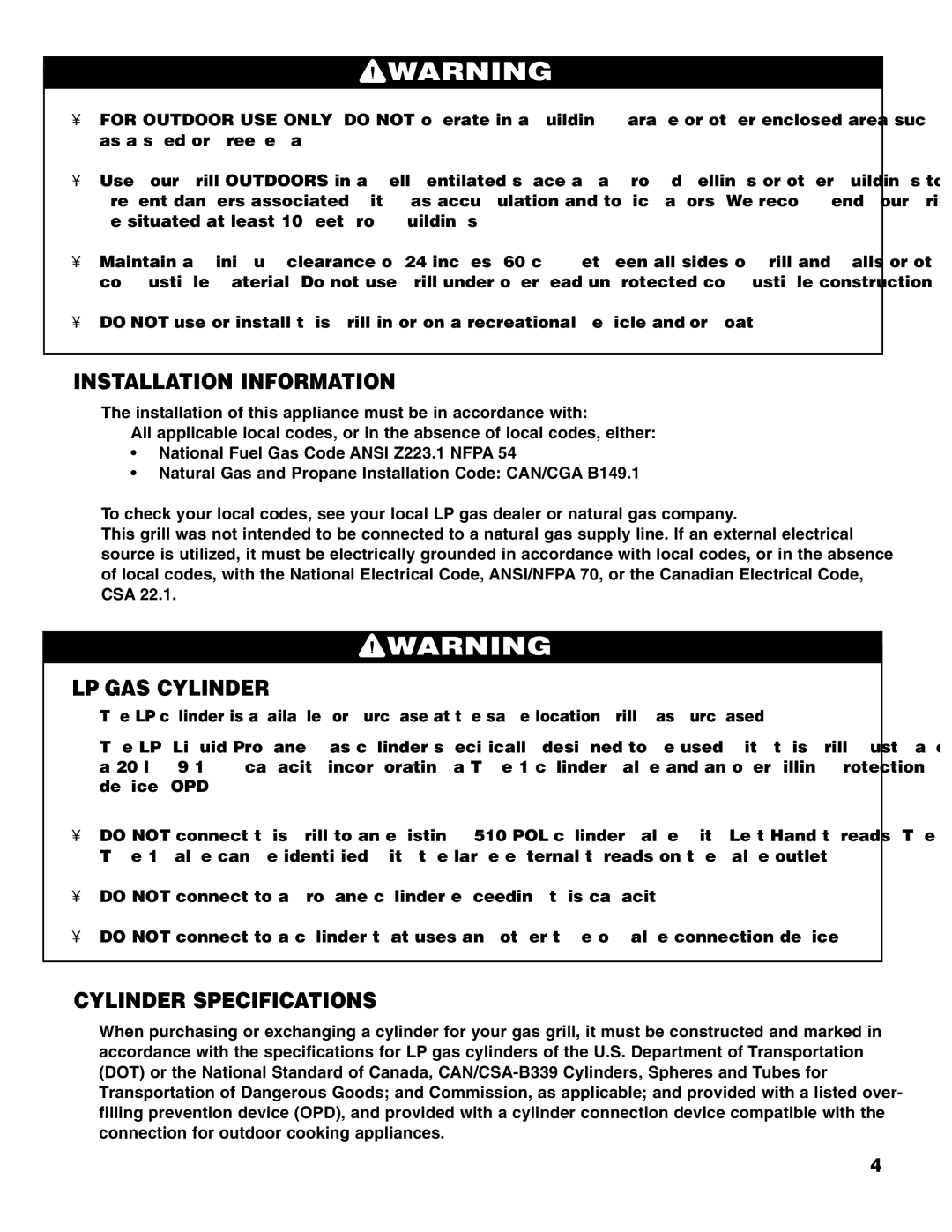 Brinkmann 2200 owner manual Installation Information, LP GAS Cylinder, Cylinder Specifications 