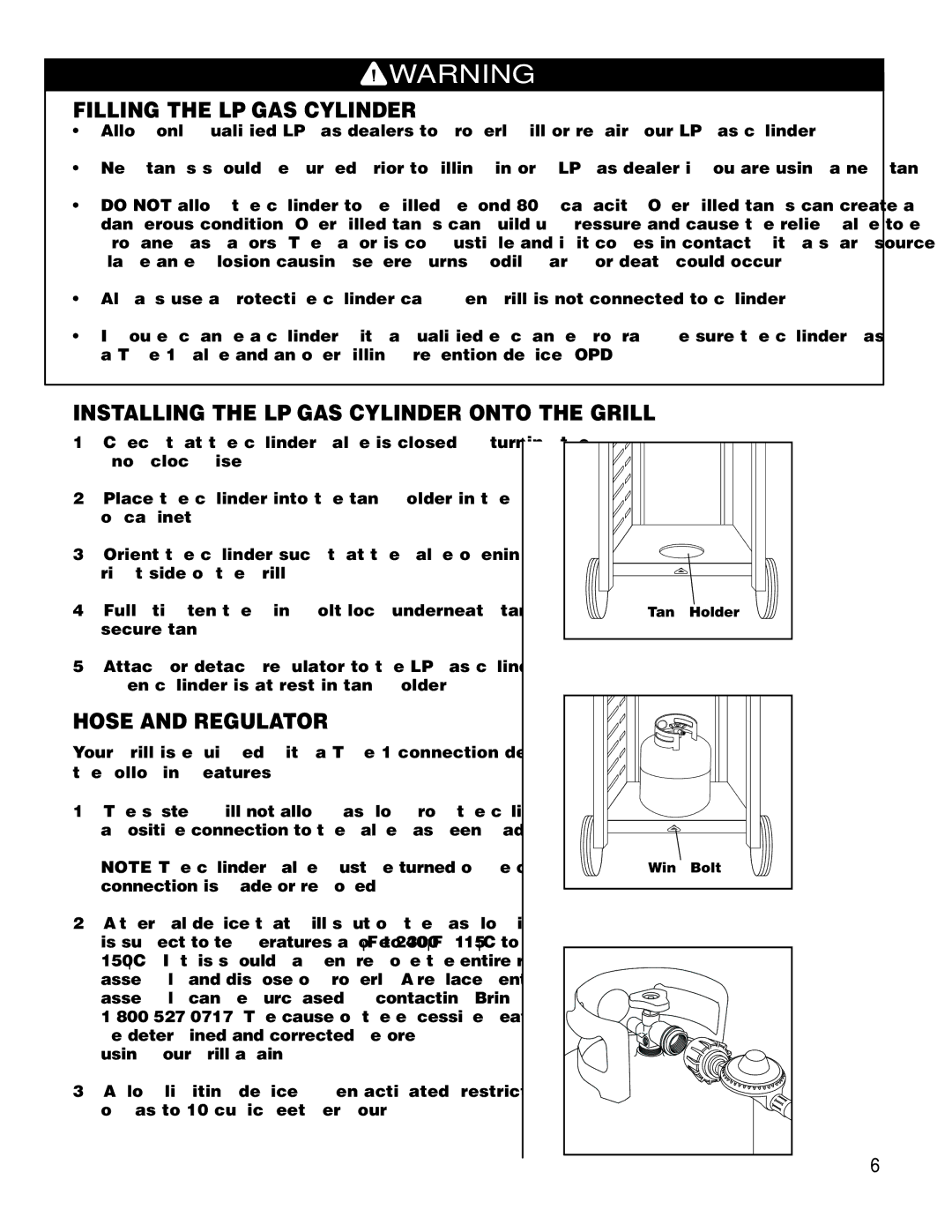 Brinkmann 2200 owner manual Filling the LP GAS Cylinder, Hose and Regulator 