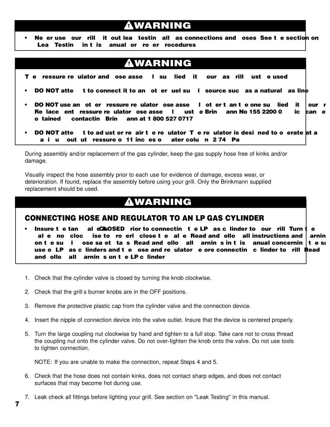 Brinkmann 2200 owner manual Connecting Hose and Regulator to AN LP GAS Cylinder 