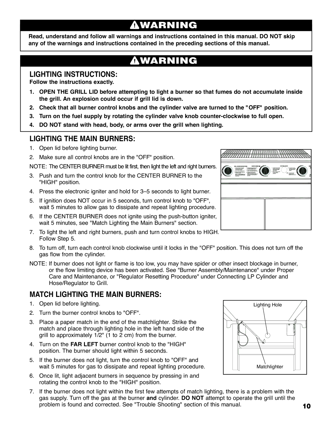 Brinkmann 2210 Series owner manual Lighting Instructions, Match Lighting the Main Burners 