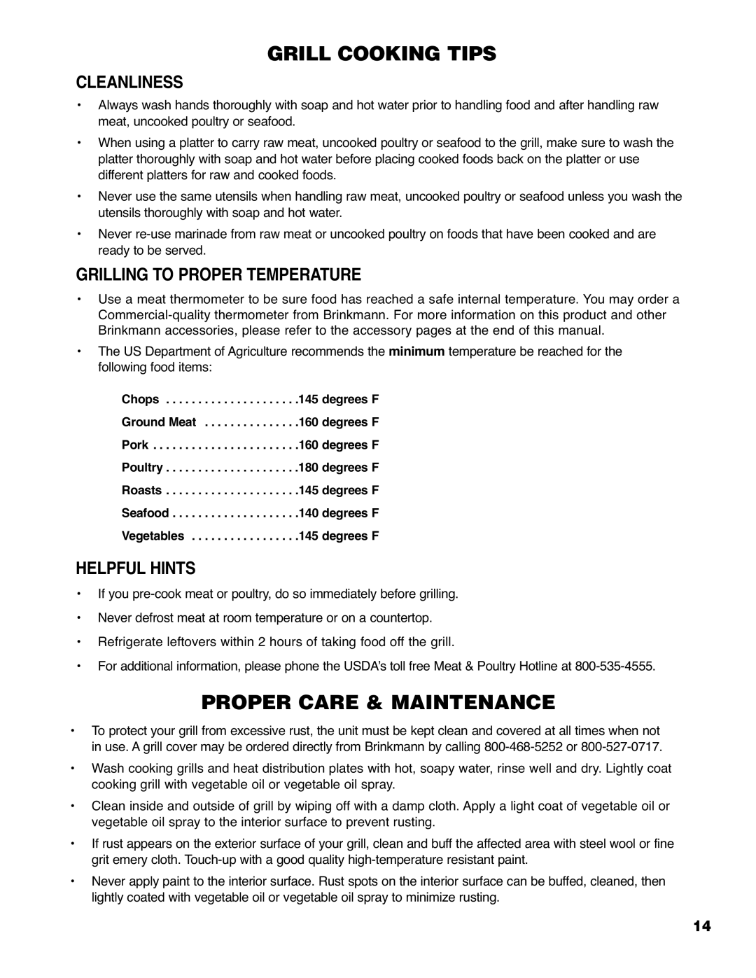 Brinkmann 2210 Series owner manual Cleanliness, Grilling to Proper Temperature, Helpful Hints 