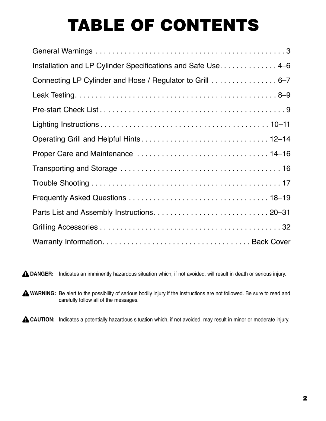 Brinkmann 2210 Series owner manual Table of Contents 