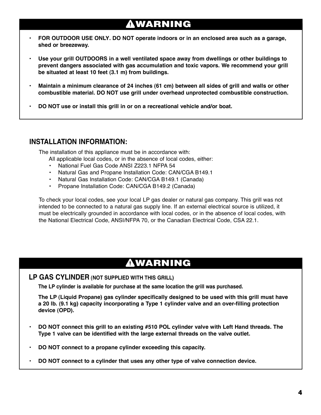 Brinkmann 2210 Series owner manual Installation Information, LP GAS Cylinder not Supplied with this Grill 