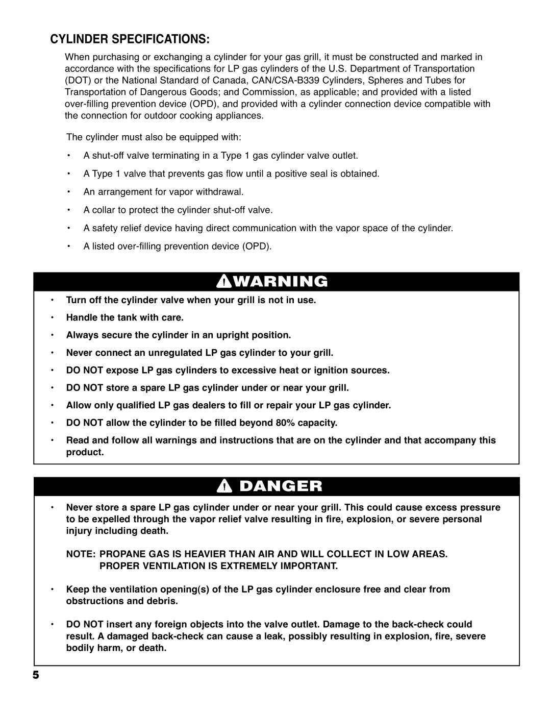 Brinkmann 2210 Series owner manual Cylinder Specifications 