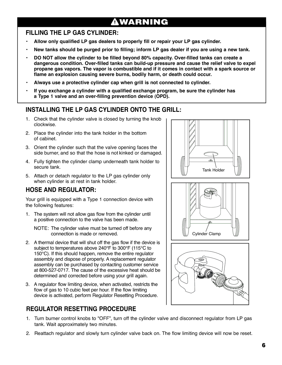 Brinkmann 2210 Series owner manual Filling the LP GAS Cylinder, Hose and Regulator, Regulator Resetting Procedure 