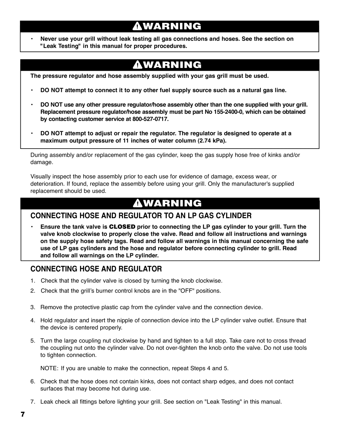 Brinkmann 2210 Series owner manual Connecting Hose and Regulator to AN LP GAS Cylinder 