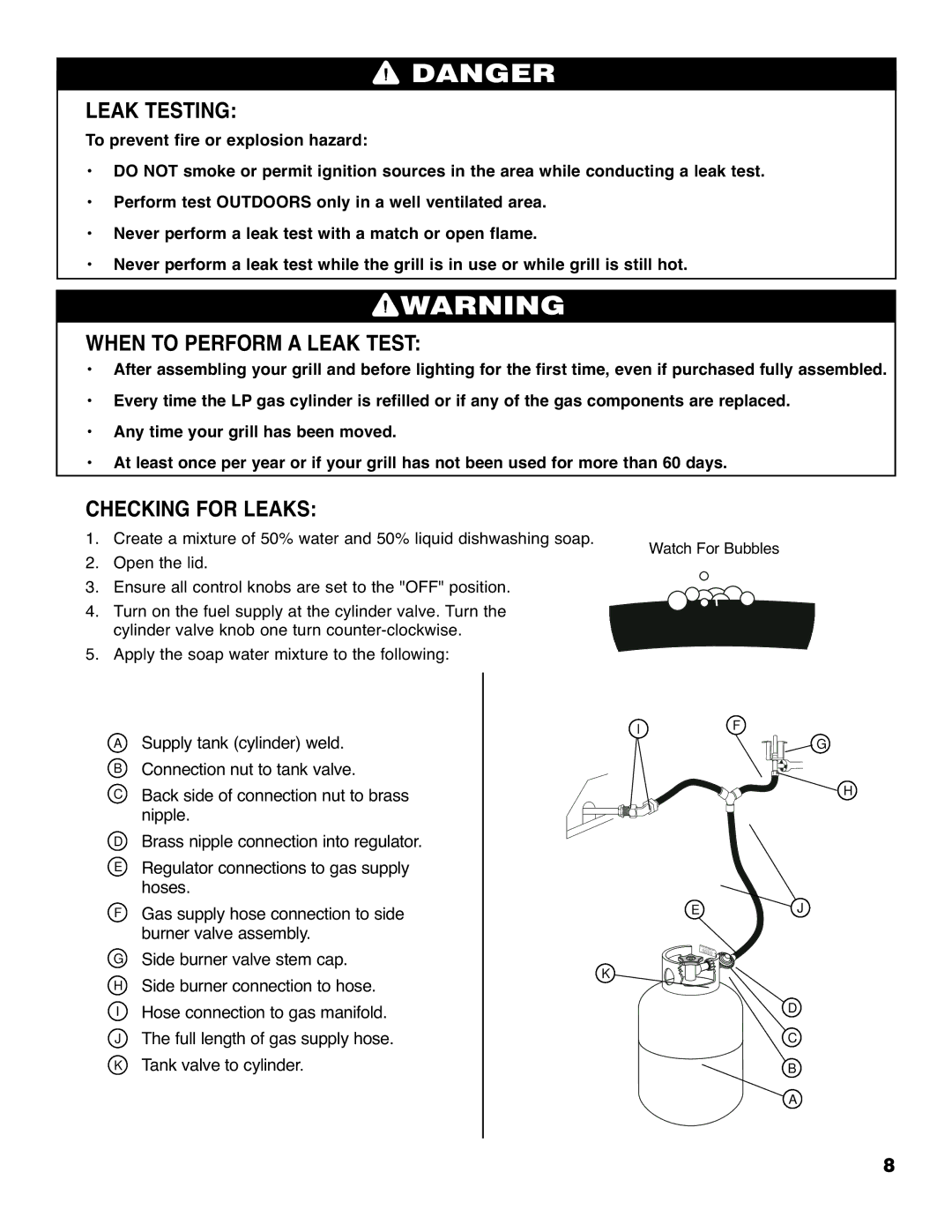 Brinkmann 2210 Series owner manual Leak Testing, When to Perform a Leak Test, Checking for Leaks 