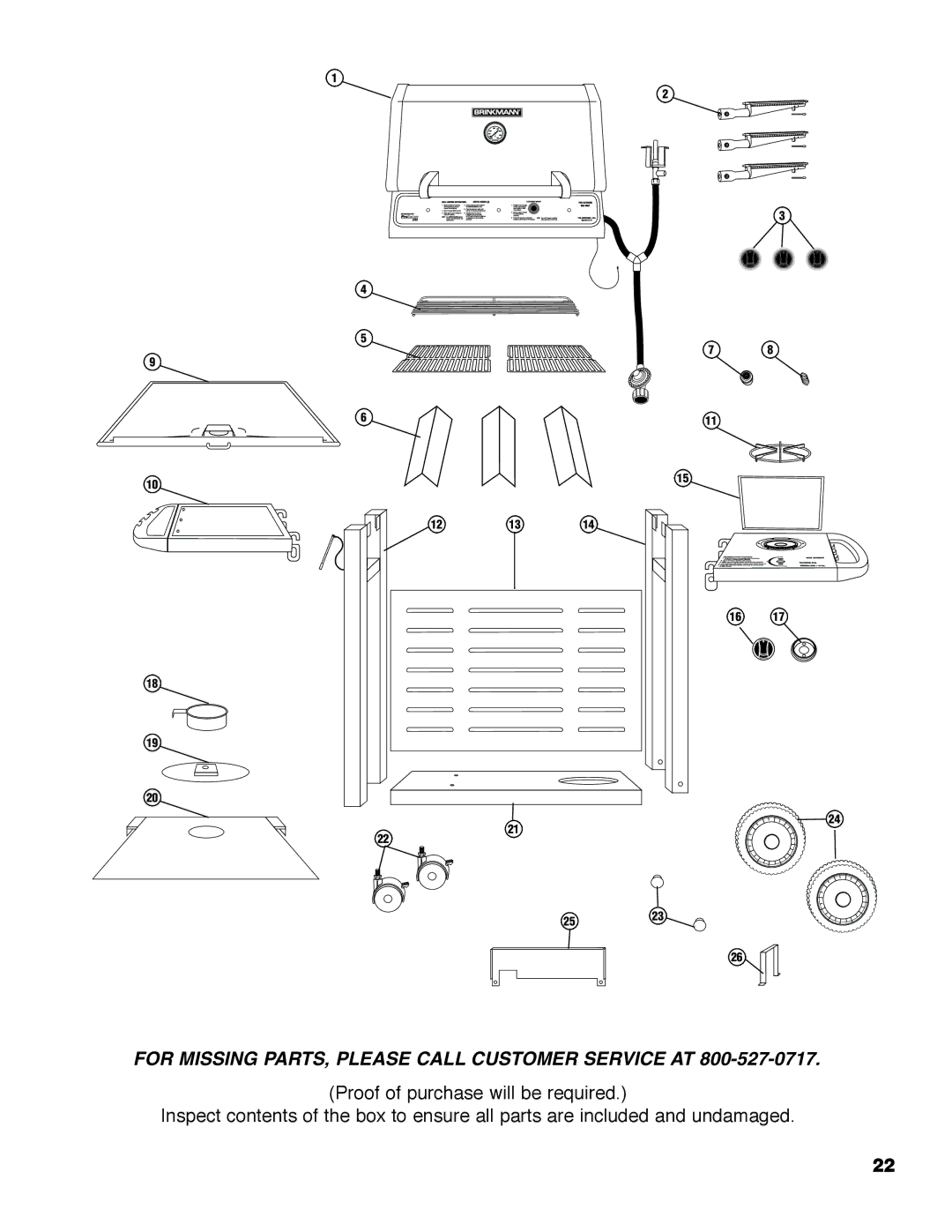 Brinkmann 2250 manual For Missing PARTS, Please Call Customer Service AT 