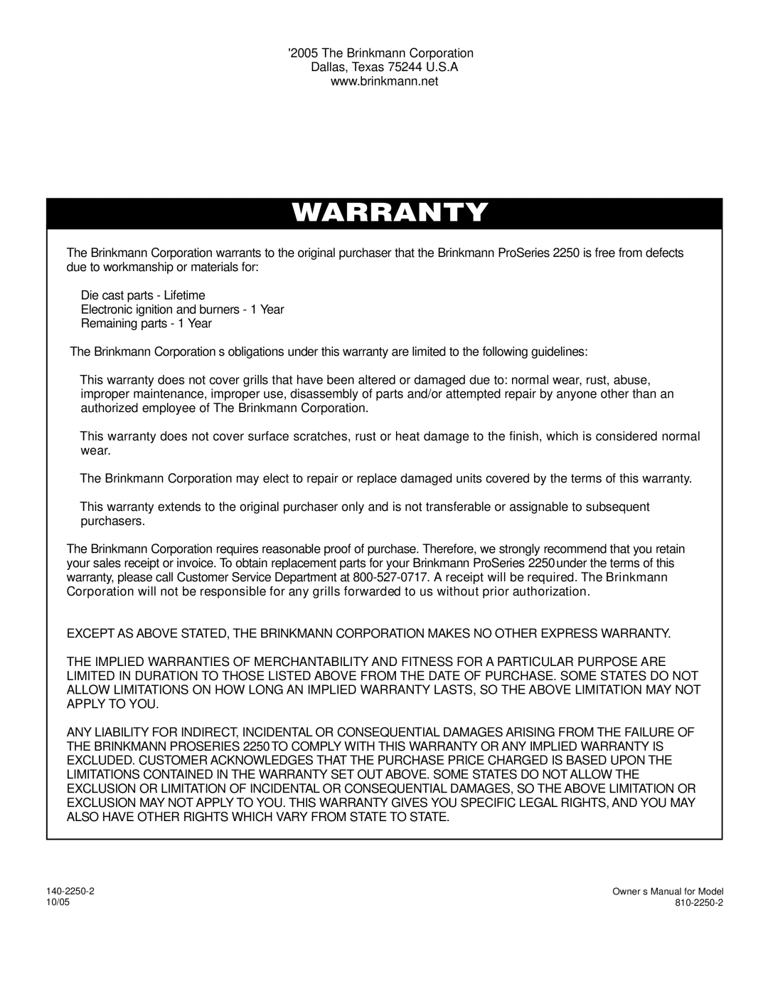 Brinkmann 2250 manual Warranty 