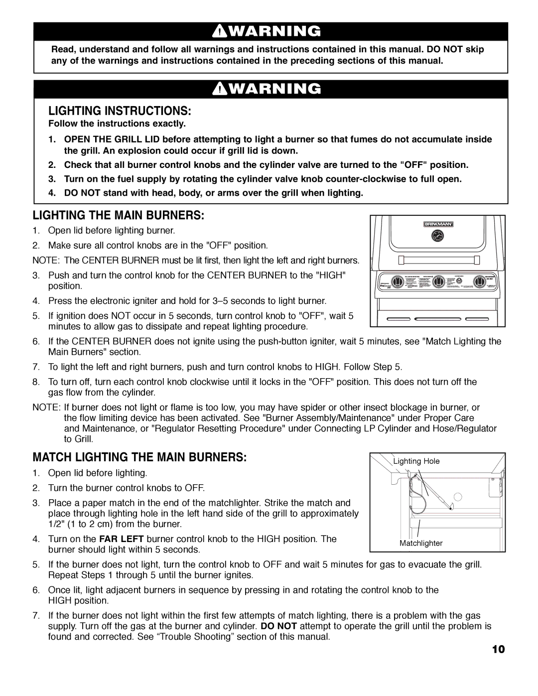 Brinkmann 2400 owner manual Lighting Instructions, Match Lighting the Main Burners 