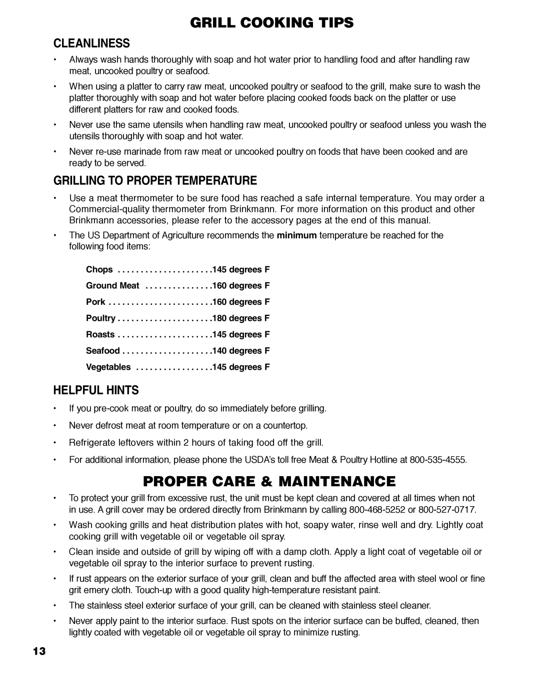 Brinkmann 2400 owner manual Cleanliness, Grilling to Proper Temperature, Helpful Hints 