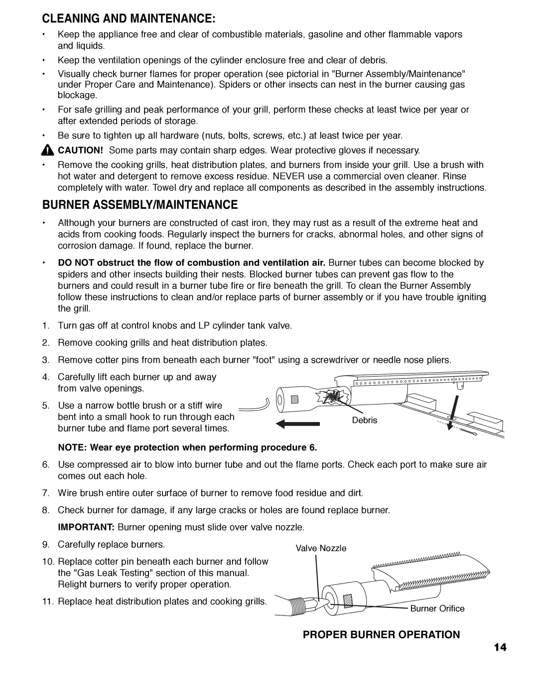 Brinkmann 2400 owner manual Cleaning and Maintenance, Burner ASSEMBLY/MAINTENANCE 